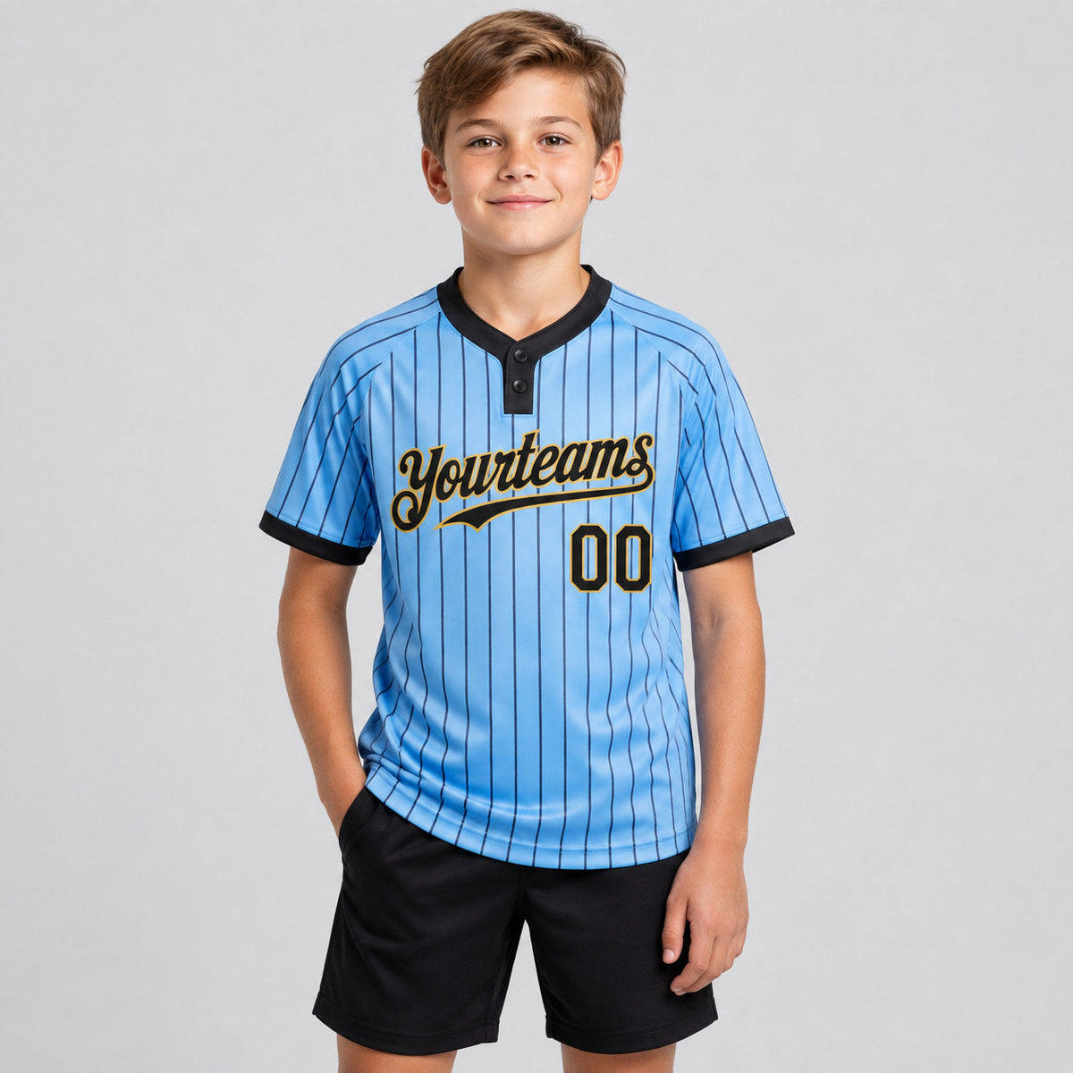 Custom Light Blue Two Button Pinstripe Softball Jersey with Black Lettering Design 1152 youth size worn by child model