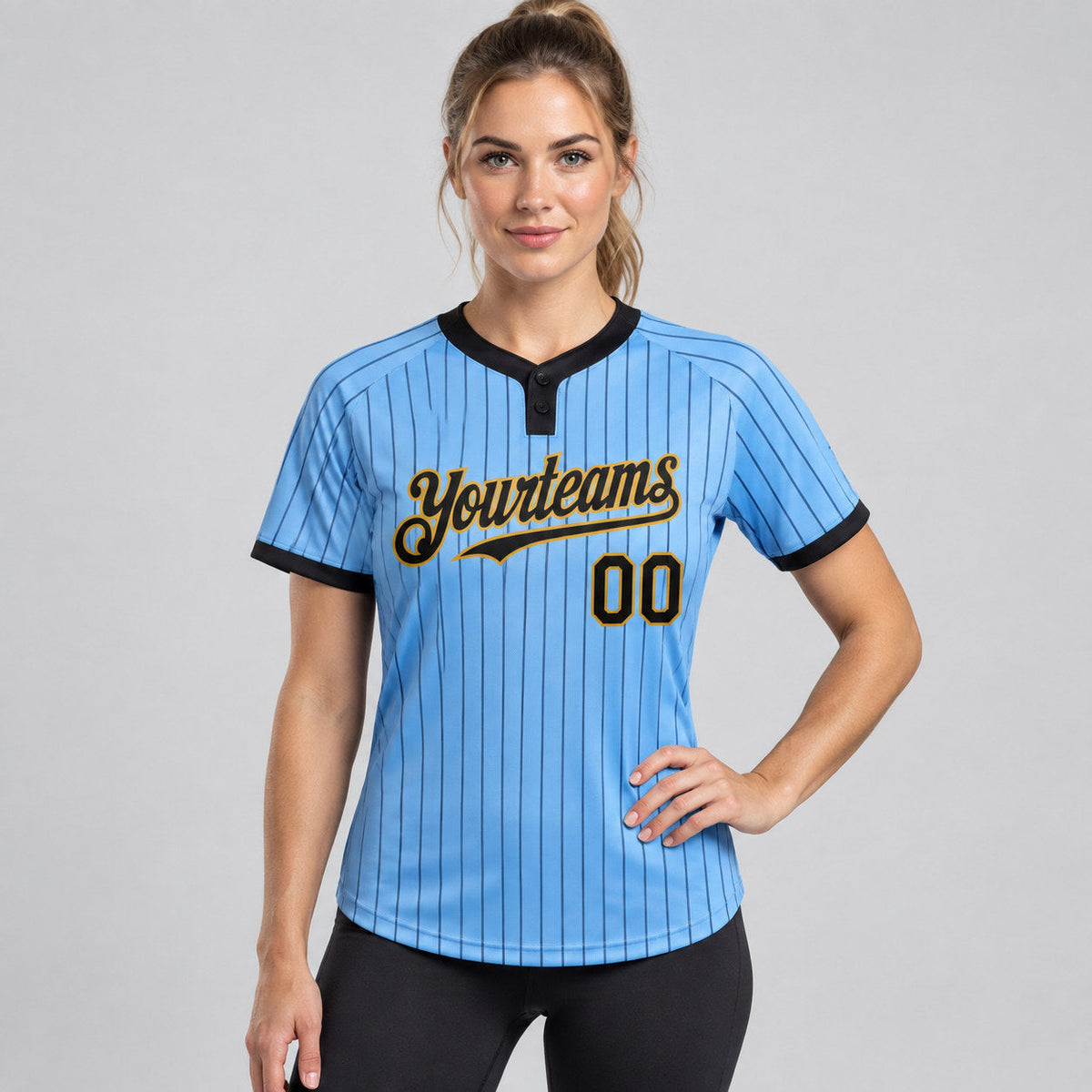 Custom Light Blue Two Button Pinstripe Softball Jersey with Black Lettering Design 1152 worn by female model