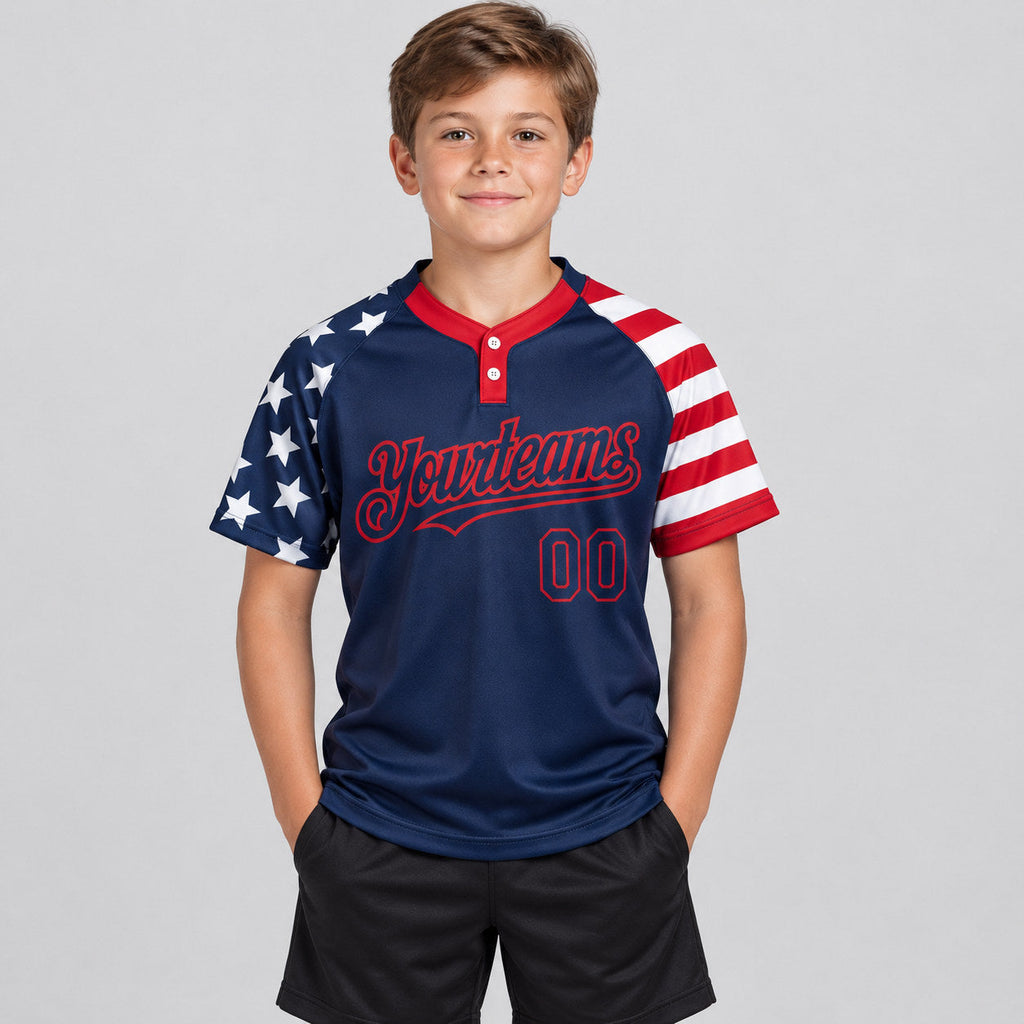 Custom Navy American Flag Two Button Softball Jersey with Red and White Lettering Design 0666 youth size worn by child model
