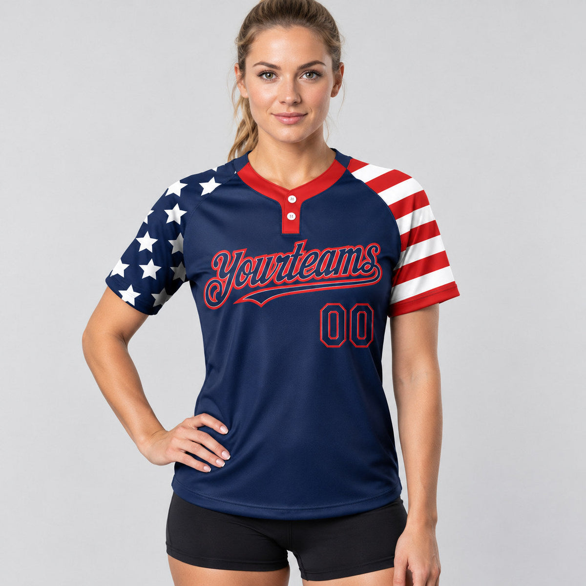 Custom Navy American Flag Two Button Softball Jersey with Red and White Lettering Design 0666 worn by female model
