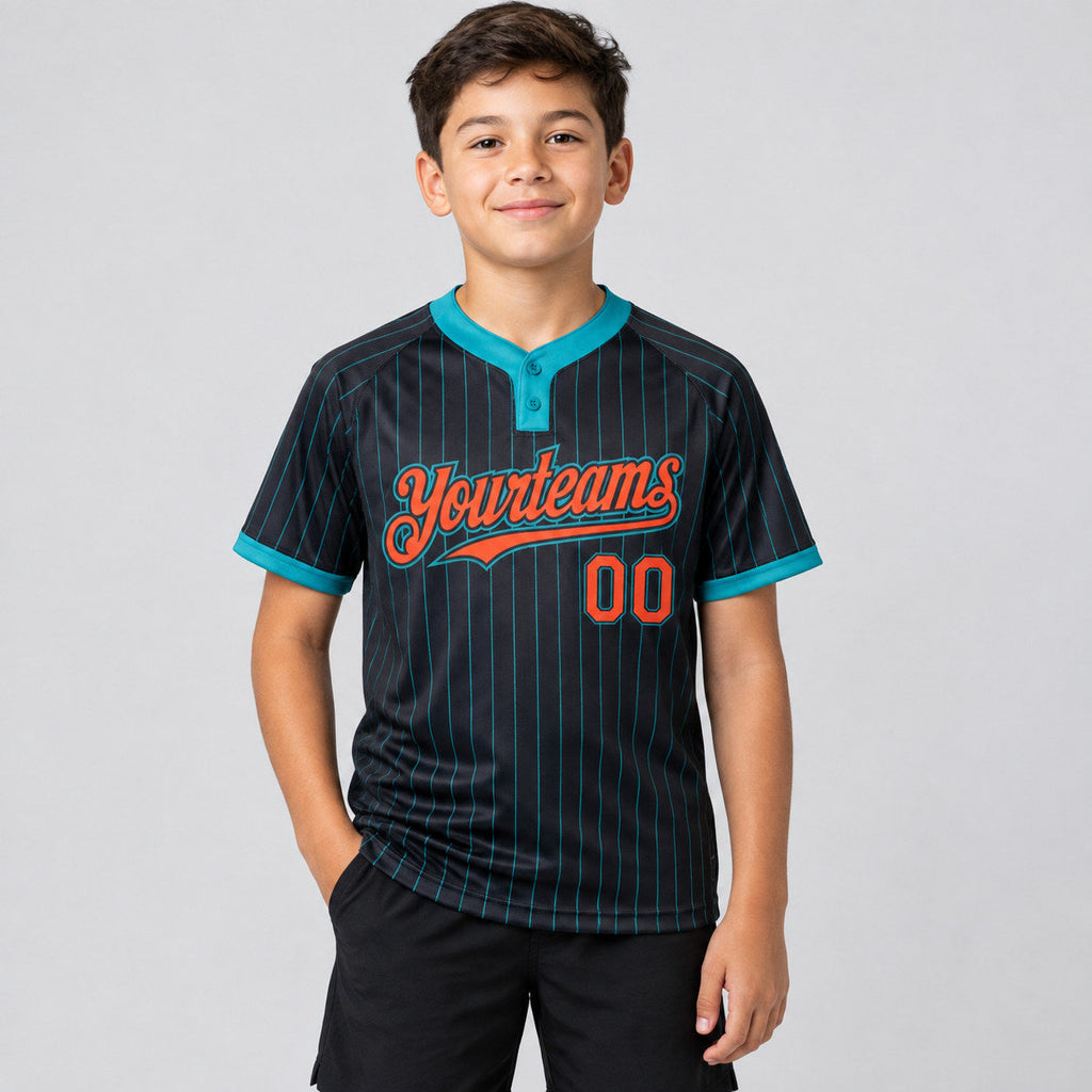 Custom Black Two Button Pinstripe Softball Jersey with Teal Lettering Design 0948 youth size worn by child model