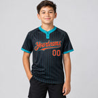 Custom Black Two Button Pinstripe Softball Jersey with Teal Lettering Design 0948 youth size worn by child model