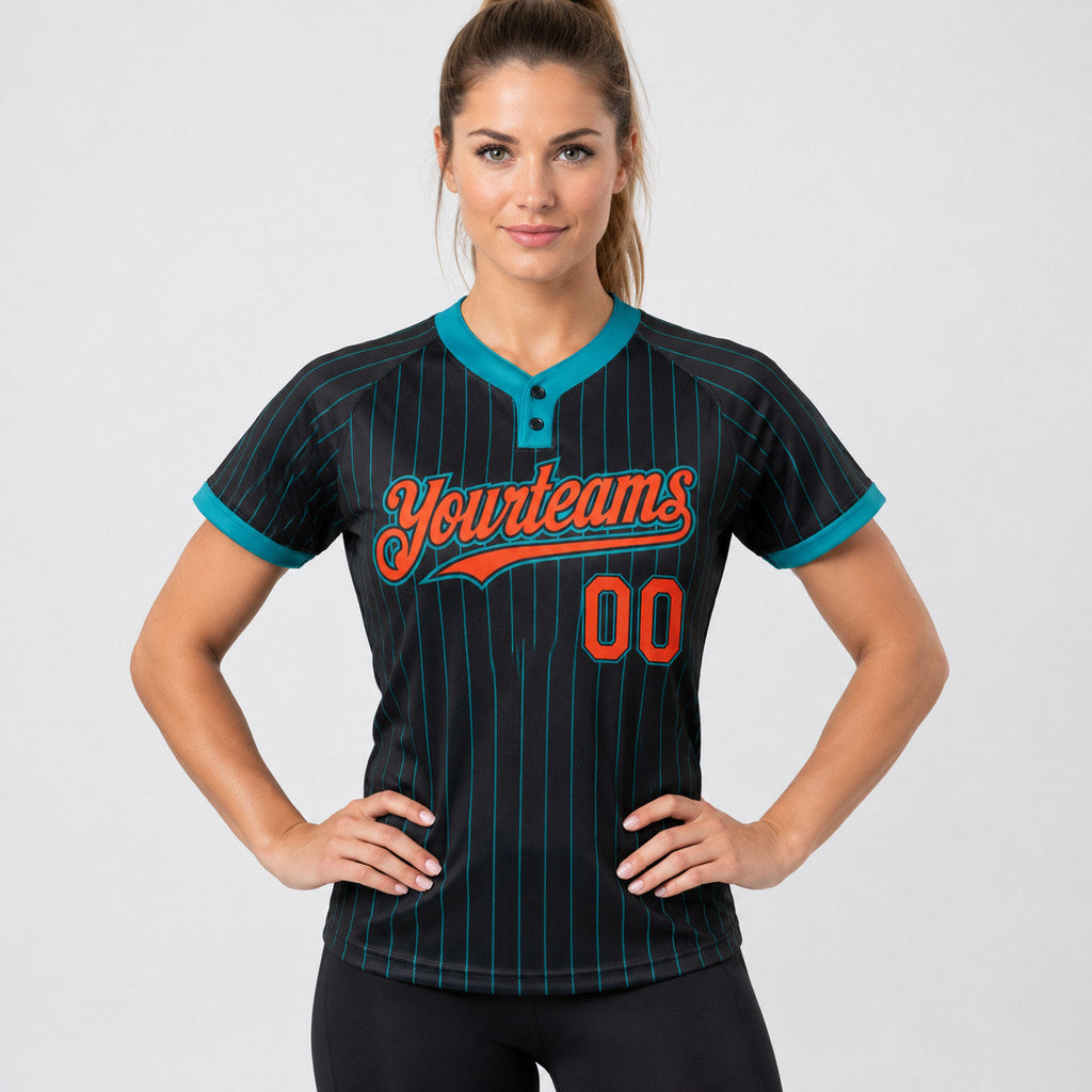 Custom Black Two Button Pinstripe Softball Jersey with Teal Lettering Design 0948 worn by female model