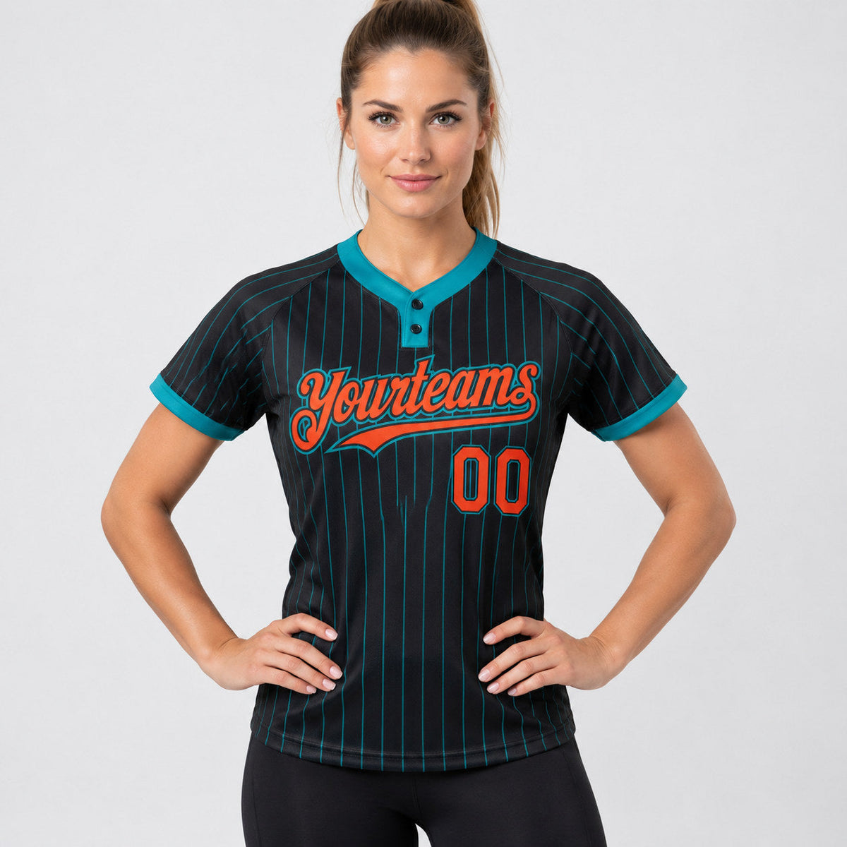 Custom Black Two Button Pinstripe Softball Jersey with Teal Lettering Design 0948 worn by female model