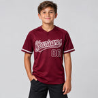 Custom Crimson Two Button Softball Jersey with White Lettering youth size worn by child model