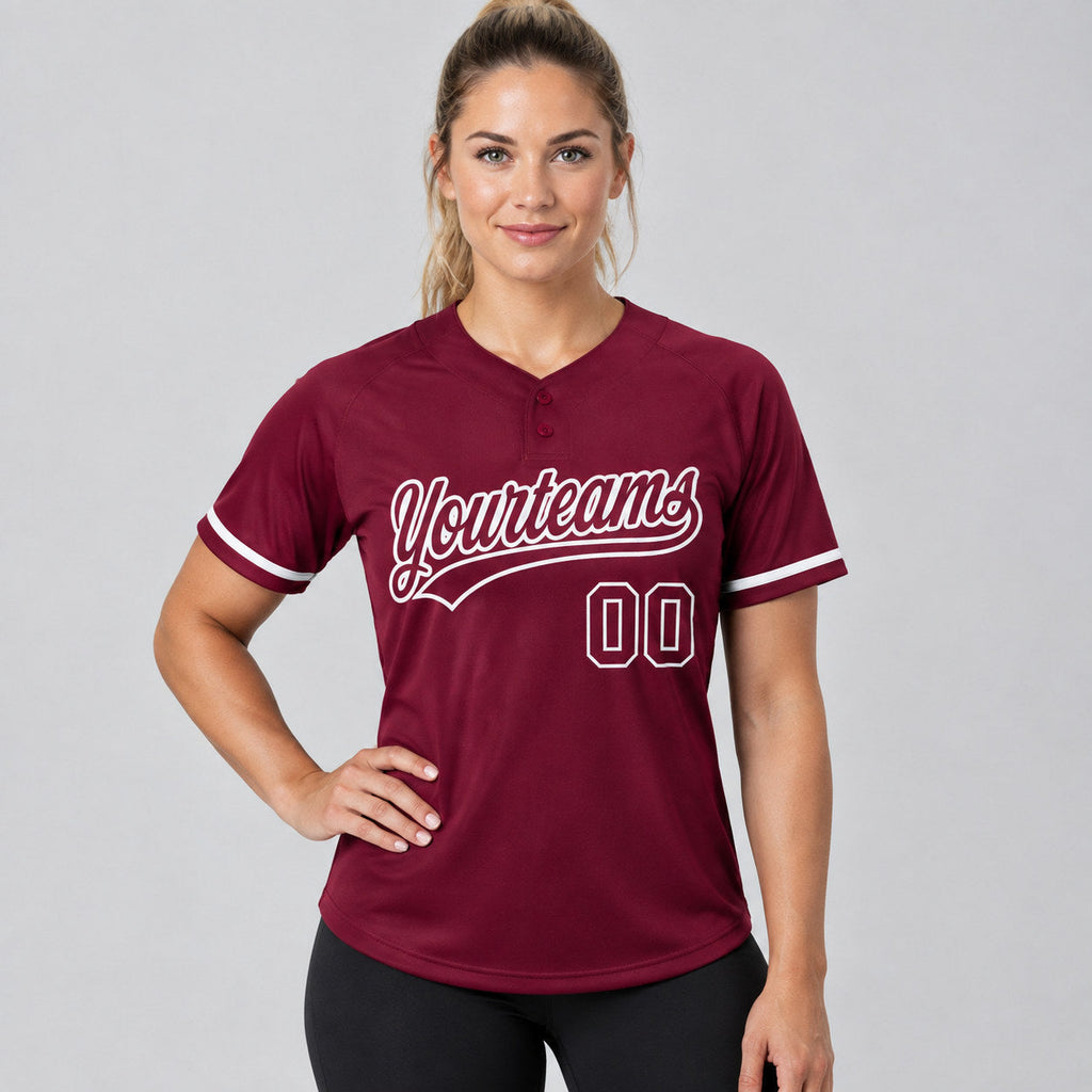Custom Crimson Two Button Softball Jersey with White Lettering worn by female model