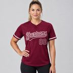 Custom Crimson Two Button Softball Jersey with White Lettering worn by female model