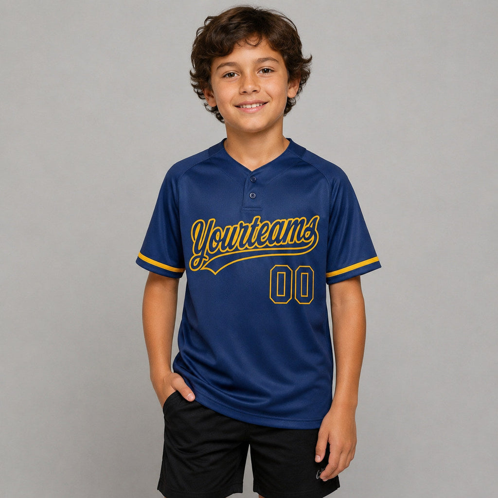 Custom Royal Two Button Softball Jersey with Yellow Lettering youth size worn by child model