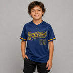 Custom Royal Two Button Softball Jersey with Yellow Lettering youth size worn by child model