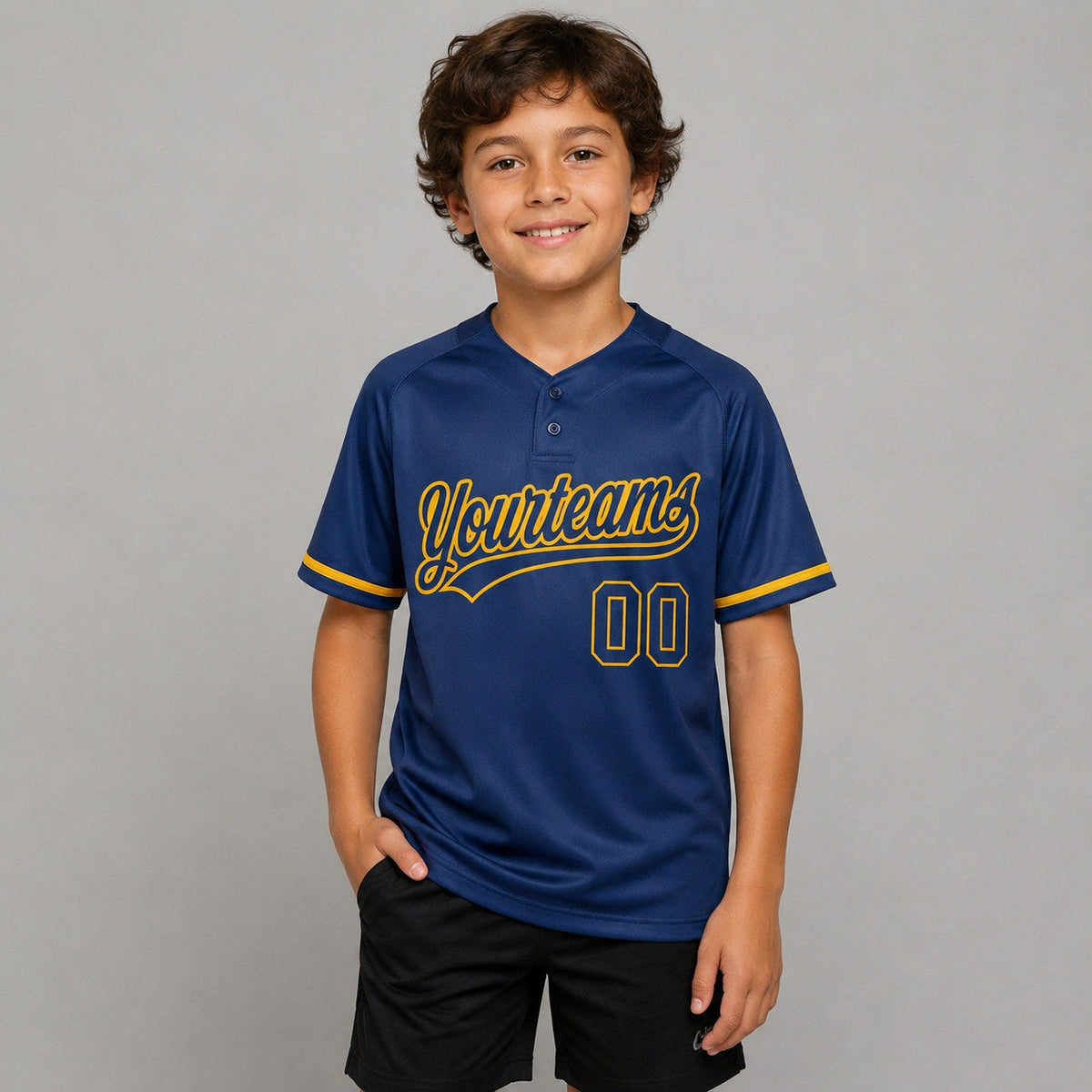 Custom Royal Two Button Softball Jersey with Yellow Lettering youth size worn by child model