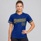 Custom Royal Two Button Softball Jersey with Yellow Lettering worn by female model