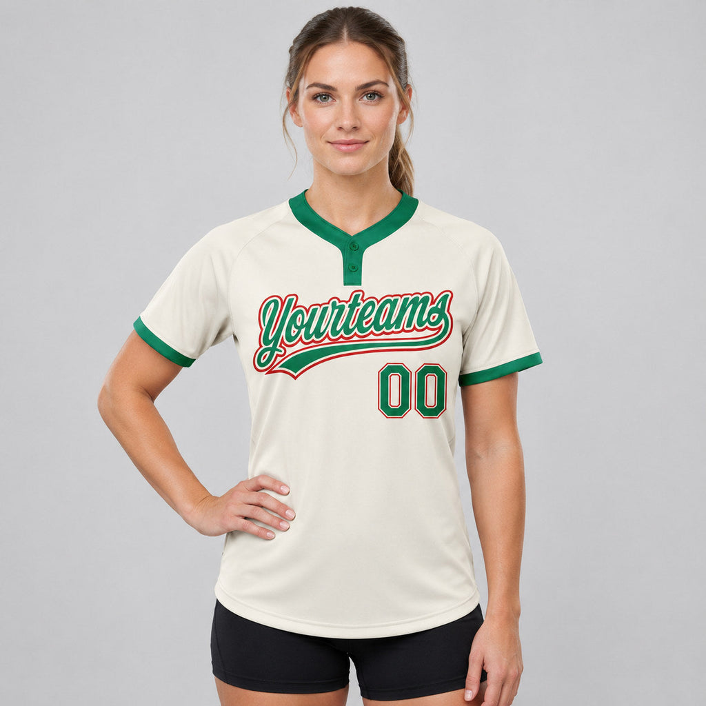 Custom Cream Two Button Softball Jersey with Kelly Green and Red Lettering worn by female model