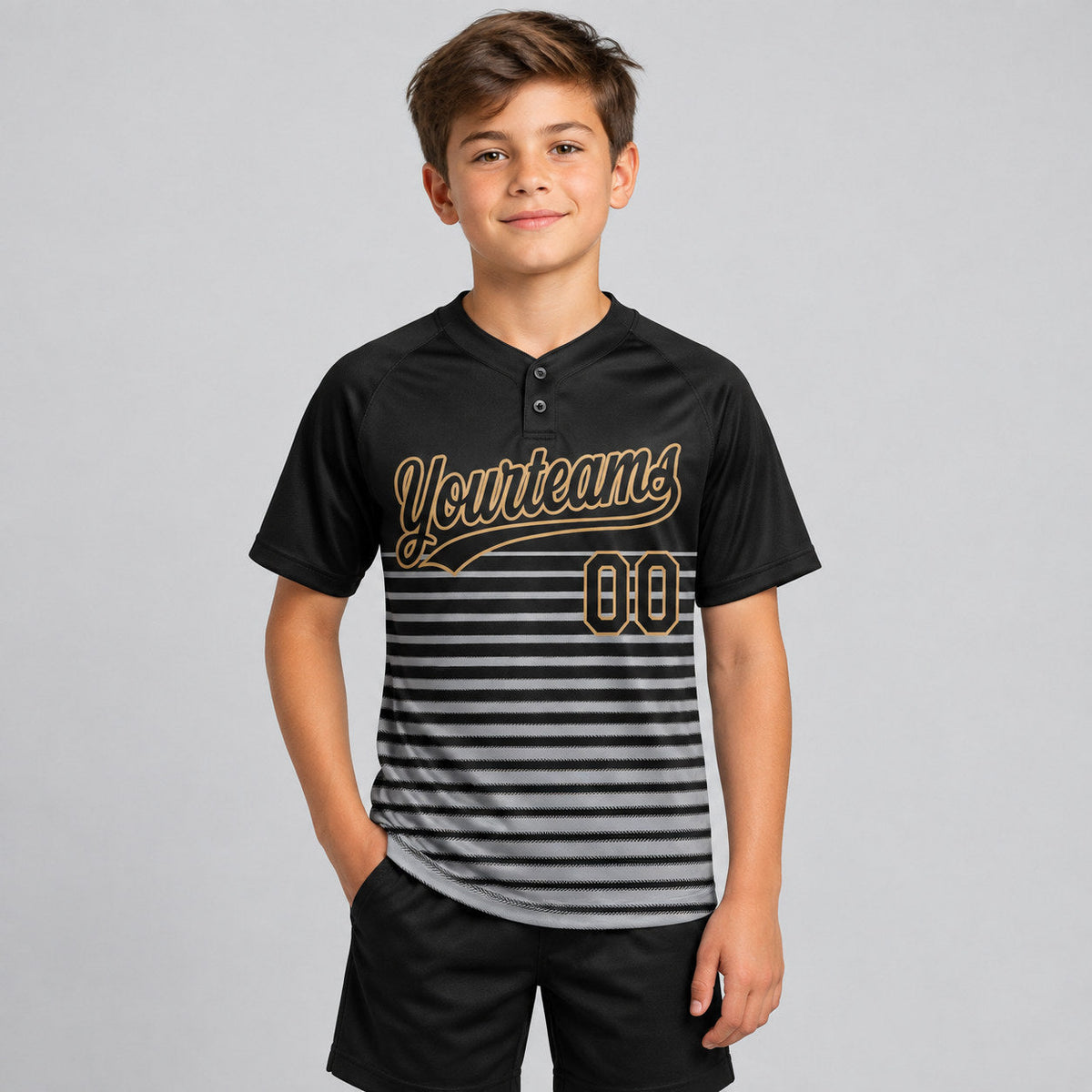 Custom Black Two Button Softball Jersey with Black and Old Gold Lettering Design 0286 youth size worn by child model