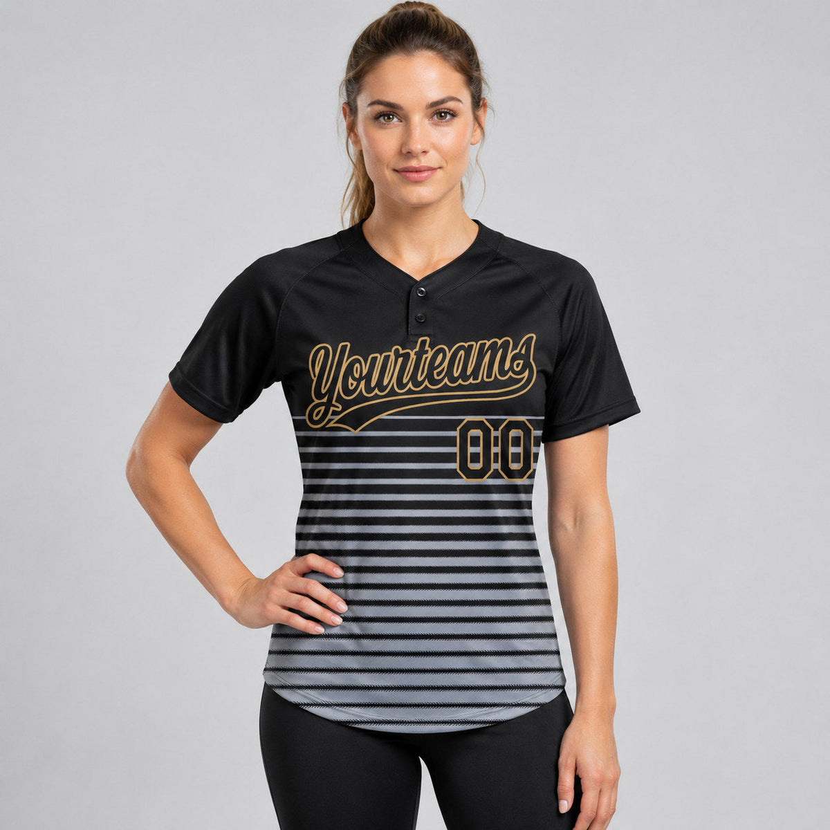 Custom Black Two Button Softball Jersey with Black and Old Gold Lettering Design 0286 worn by female model