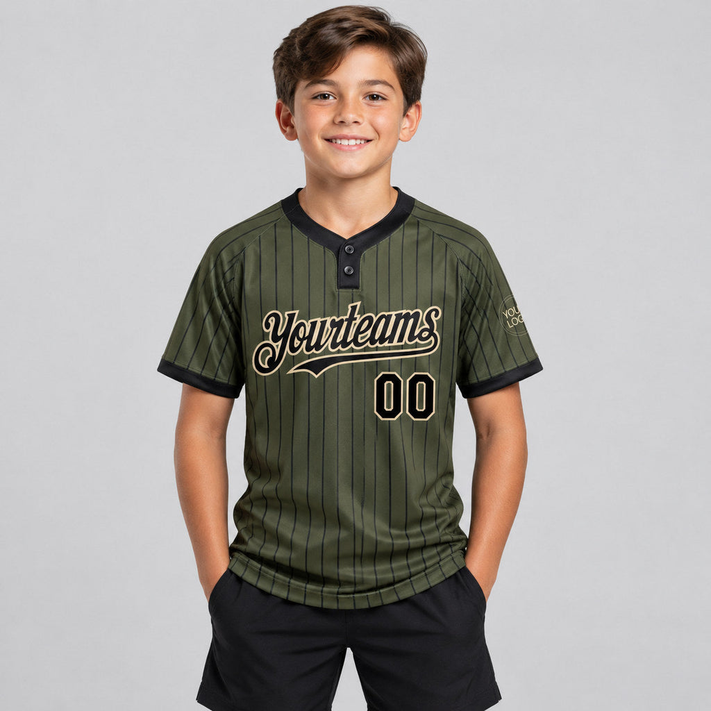 Custom Olive Salute To Service Two Button Pinstripe Softball Jersey with Black Lettering Design 1268 youth size worn by child model