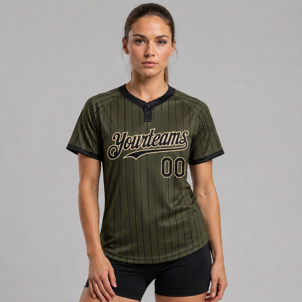 Custom Olive Salute To Service Two Button Pinstripe Softball Jersey with Black Lettering Design 1268 worn by female model