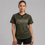 Custom Olive Salute To Service Two Button Pinstripe Softball Jersey with Black Lettering Design 1268 worn by female model