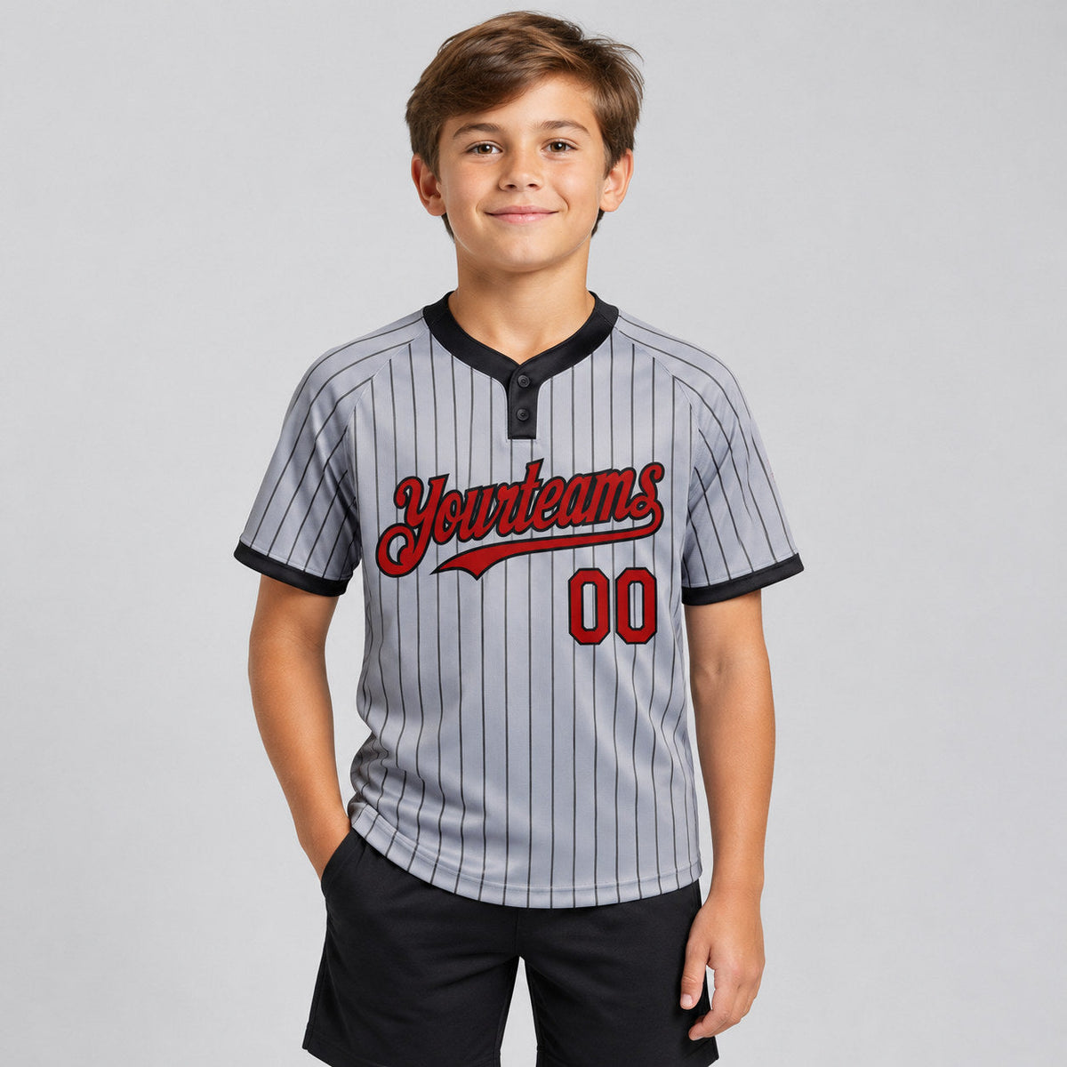 Custom Gray Two Button Pinstripe Softball Jersey with Black Lettering Design 1217 youth size worn by child model