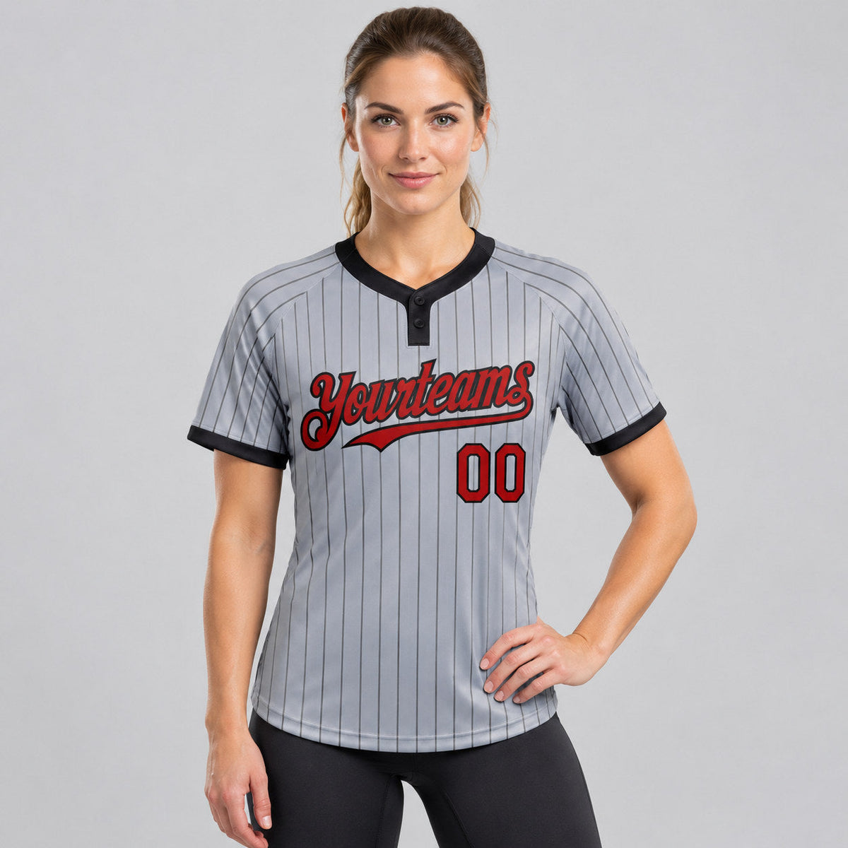 Custom Gray Two Button Pinstripe Softball Jersey with Black Lettering Design 1217 worn by female model
