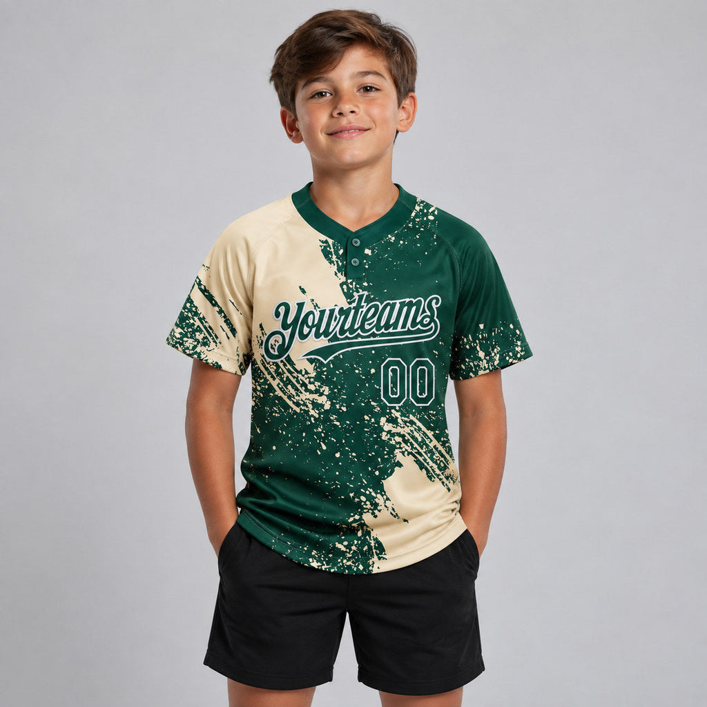 Custom Cream Abstract Brush Stroke Two Button Softball Jersey with Green and White Lettering youth size worn by child model