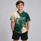 Custom Cream Abstract Brush Stroke Two Button Softball Jersey with Green and White Lettering youth size worn by child model