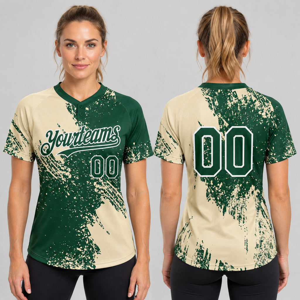 Custom Cream Abstract Brush Stroke Two Button Softball Jersey with Green and White Lettering worn by female model