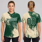 Custom Cream Abstract Brush Stroke Two Button Softball Jersey with Green and White Lettering worn by female model