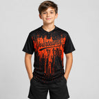Custom Black Dripping Splatter Art Two Button Softball Jersey with Orange Lettering youth size worn by child model