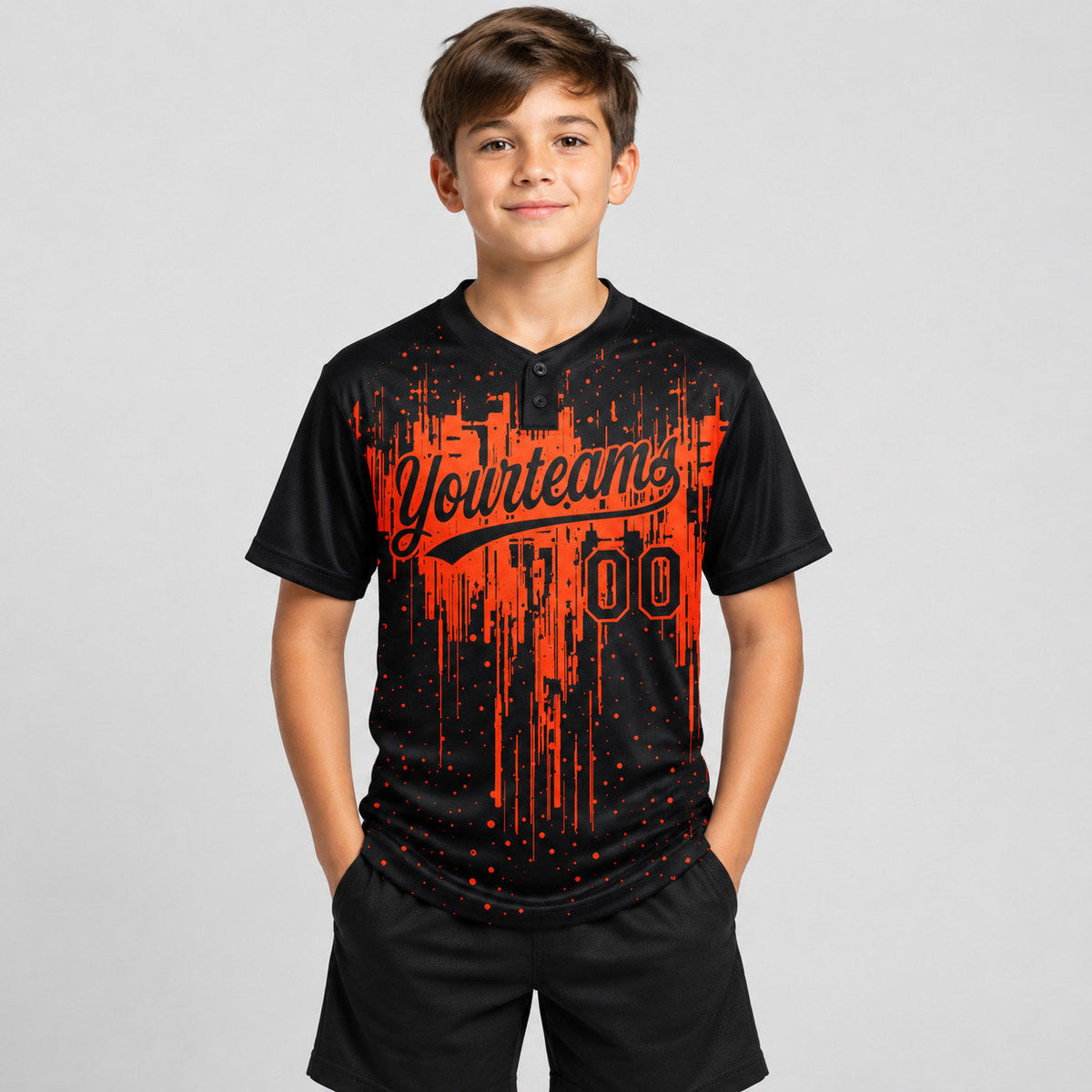 Custom Black Dripping Splatter Art Two Button Softball Jersey with Orange Lettering youth size worn by child model
