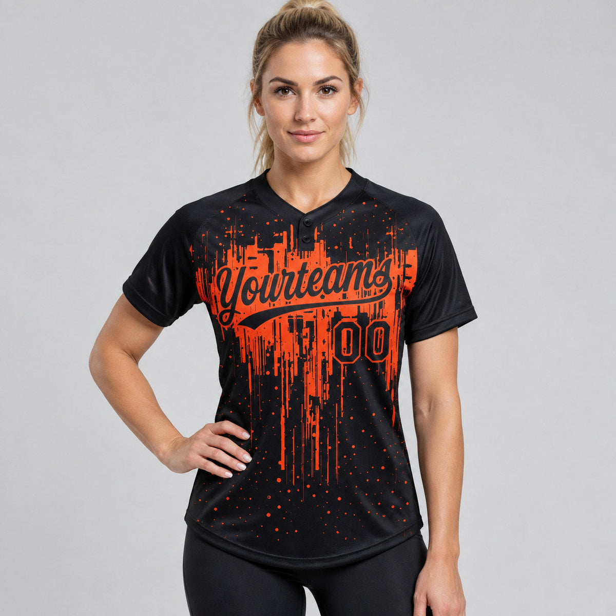 Custom Black Dripping Splatter Art Two Button Softball Jersey with Orange Lettering worn by female model