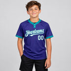 Custom Purple Two Button Pinstripe Softball Jersey with Teal Lettering youth size worn by child model