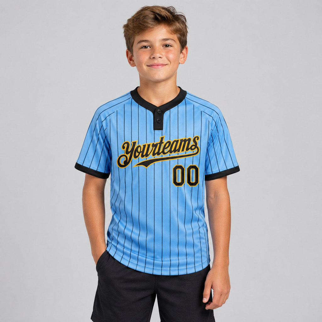 Custom Light Blue Two Button Pinstripe Softball Jersey with Black Lettering Design 1151 youth size worn by child model