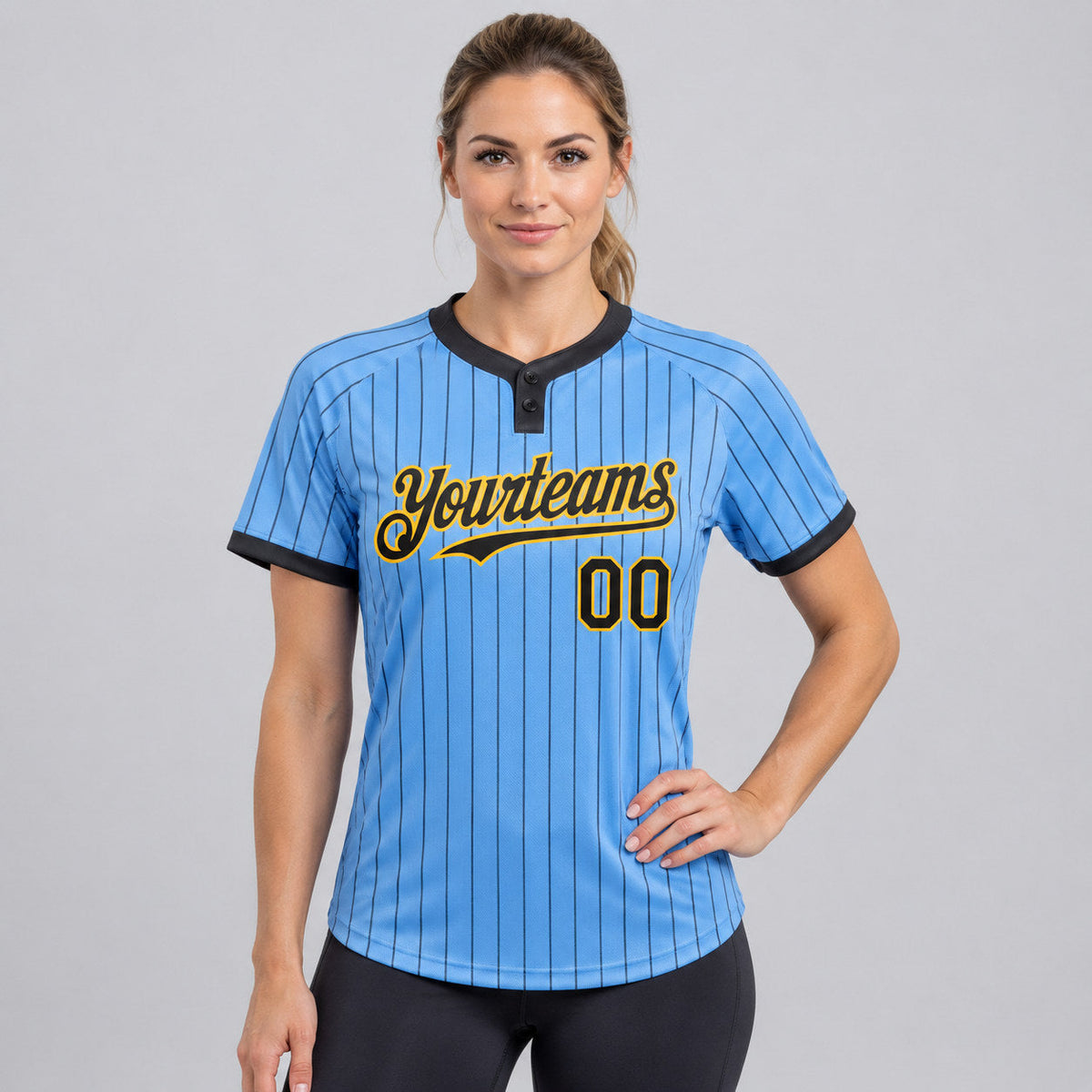 Custom Light Blue Two Button Pinstripe Softball Jersey with Black Lettering Design 1151 worn by female model