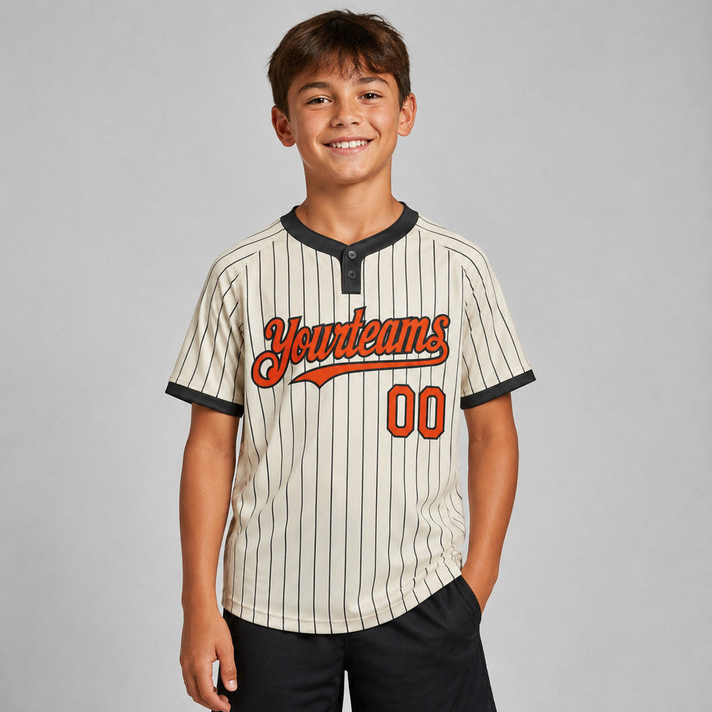 Custom Cream Two Button Pinstripe Softball Jersey with Black Lettering Design 1040 youth size worn by child model