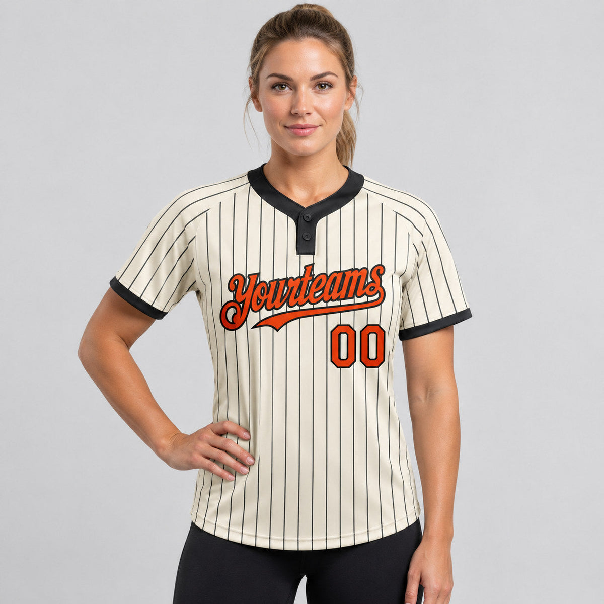 Custom Cream Two Button Pinstripe Softball Jersey with Black Lettering Design 1040 worn by female model