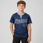 Custom Navy Two Button Pinstripe Softball Jersey with Gray Lettering youth size worn by child model