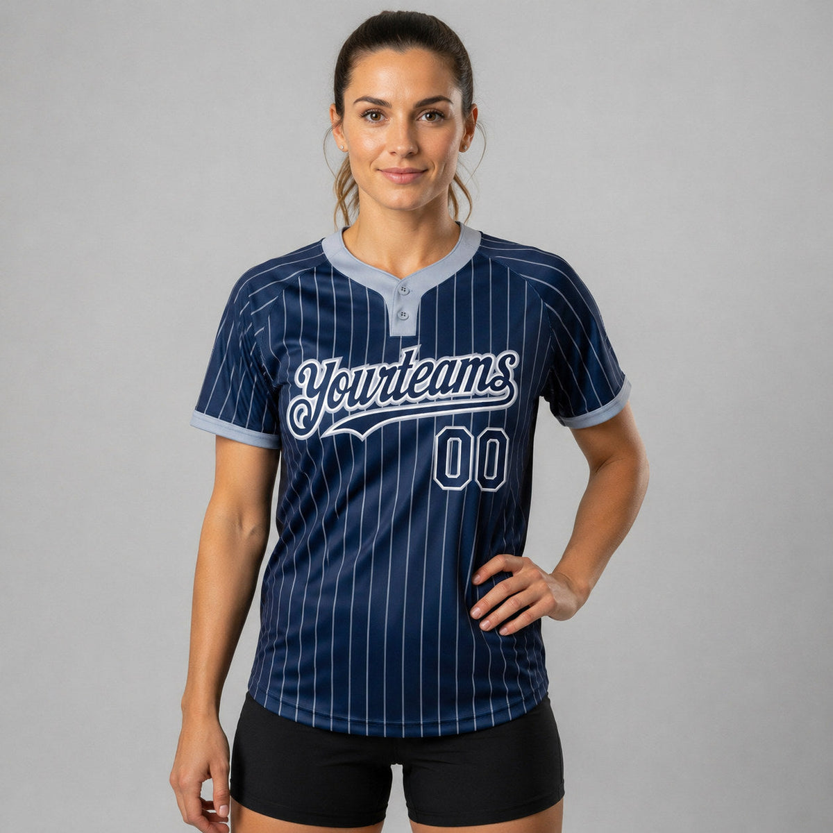 Custom Navy Two Button Pinstripe Softball Jersey with Gray Lettering worn by female model