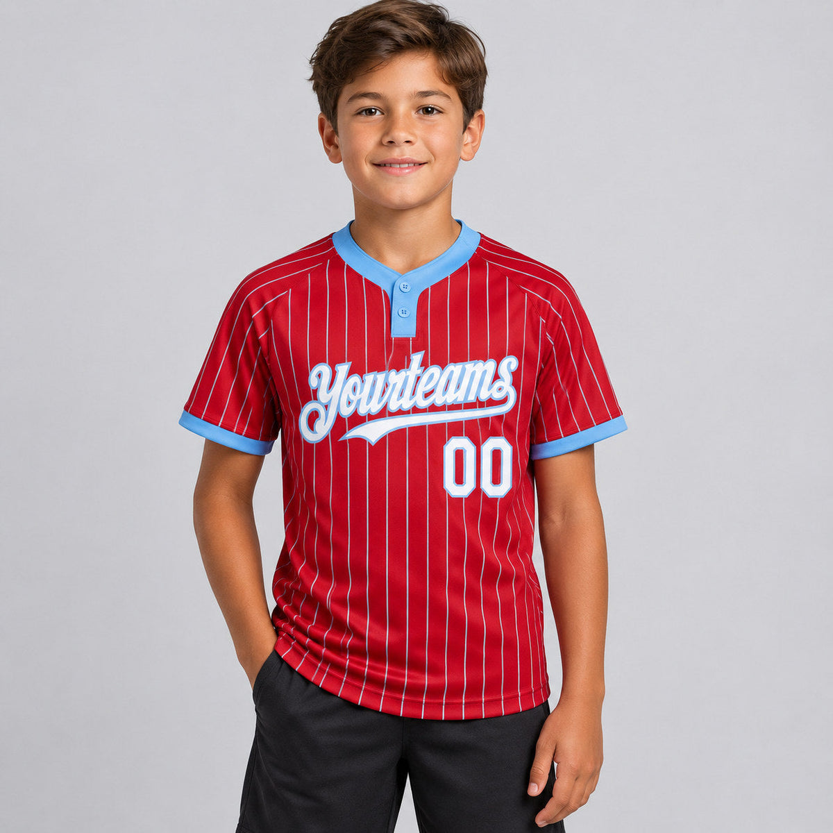 Custom Red Two Button Pinstripe Softball Jersey with Light Blue Lettering youth size worn by child model