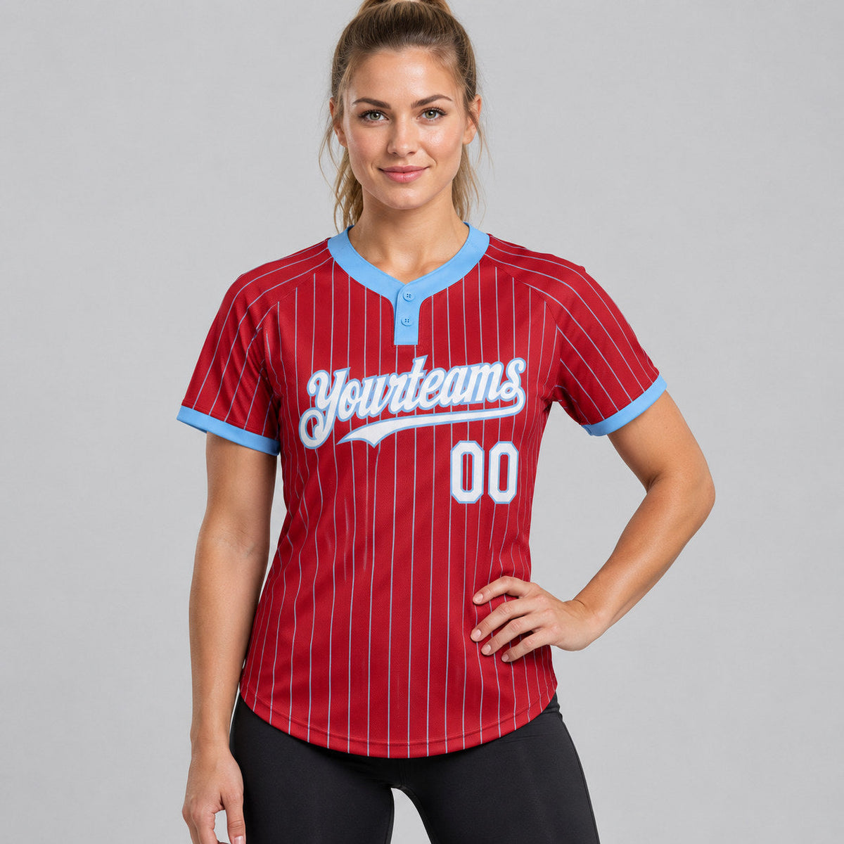 Custom Red Two Button Pinstripe Softball Jersey with Light Blue Lettering worn by female model