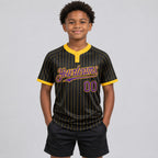 Custom Black Two Button Pinstripe Softball Jersey with Gold Lettering Design 0895 youth size worn by child model