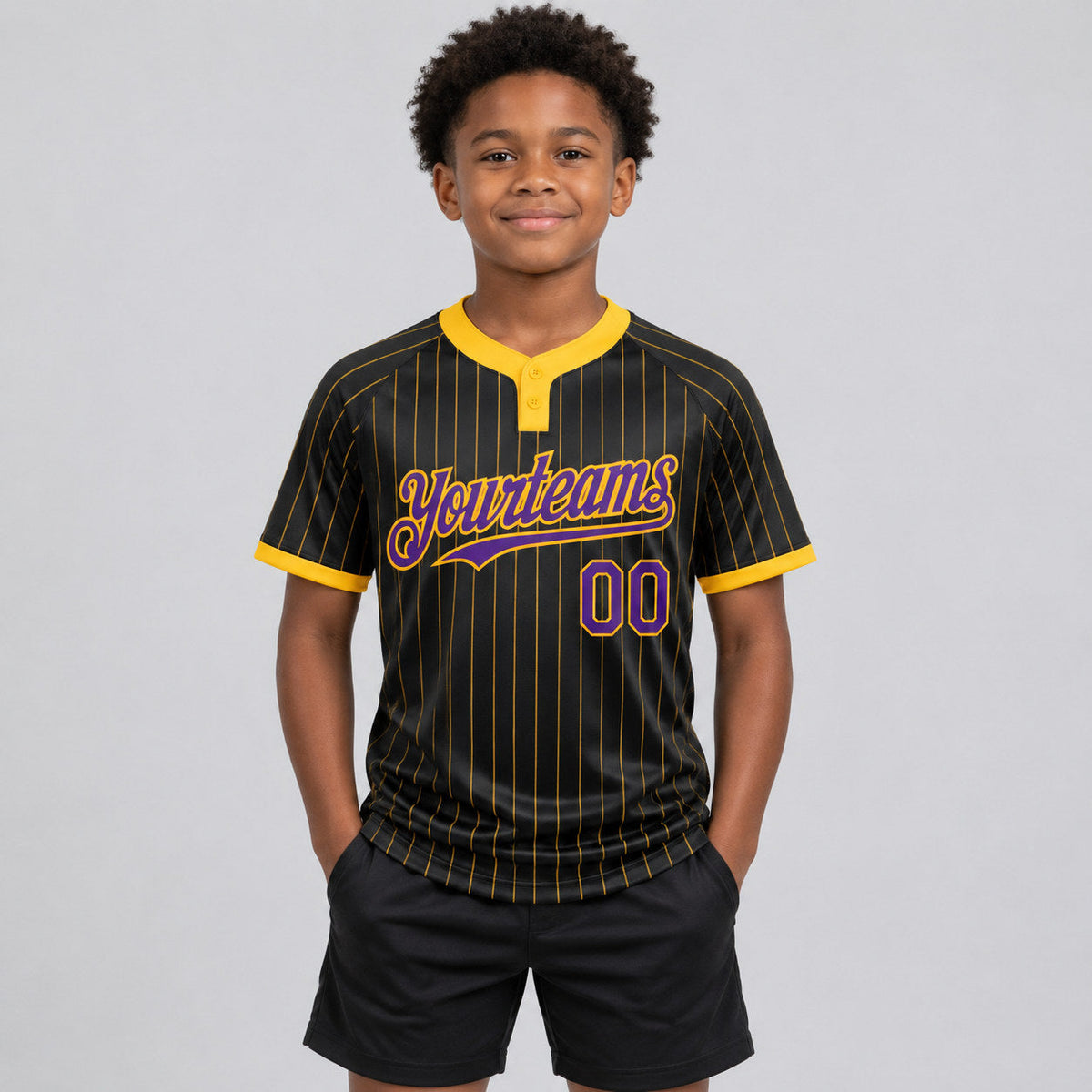 Custom Black Two Button Pinstripe Softball Jersey with Gold Lettering Design 0895 youth size worn by child model