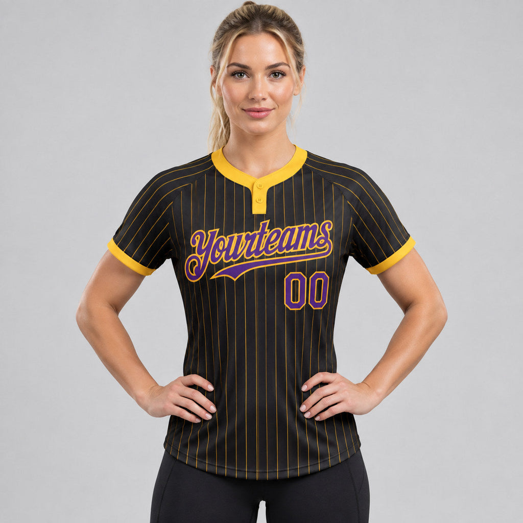 Custom Black Two Button Pinstripe Softball Jersey with Gold Lettering Design 0895 worn by female model