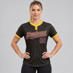 Custom Black Two Button Pinstripe Softball Jersey with Gold Lettering Design 0895 worn by female model