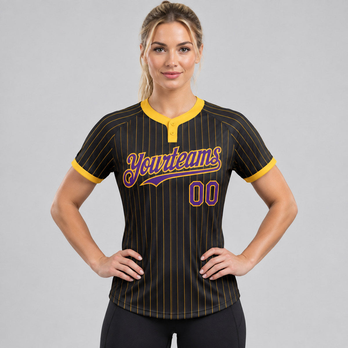 Custom Black Two Button Pinstripe Softball Jersey with Gold Lettering Design 0895 worn by female model