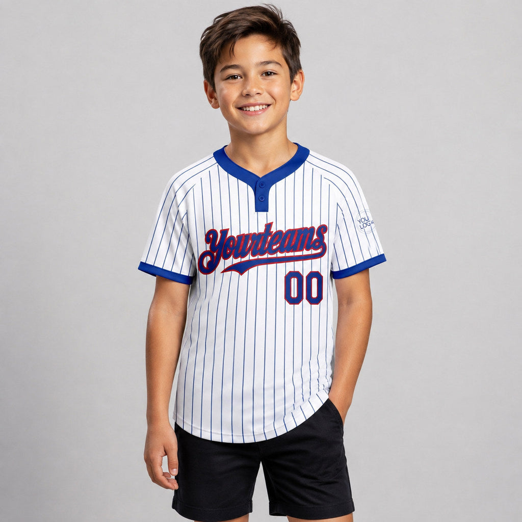Custom White Two Button Pinstripe Softball Jersey with Royal Lettering Design 0800 youth size worn by child model