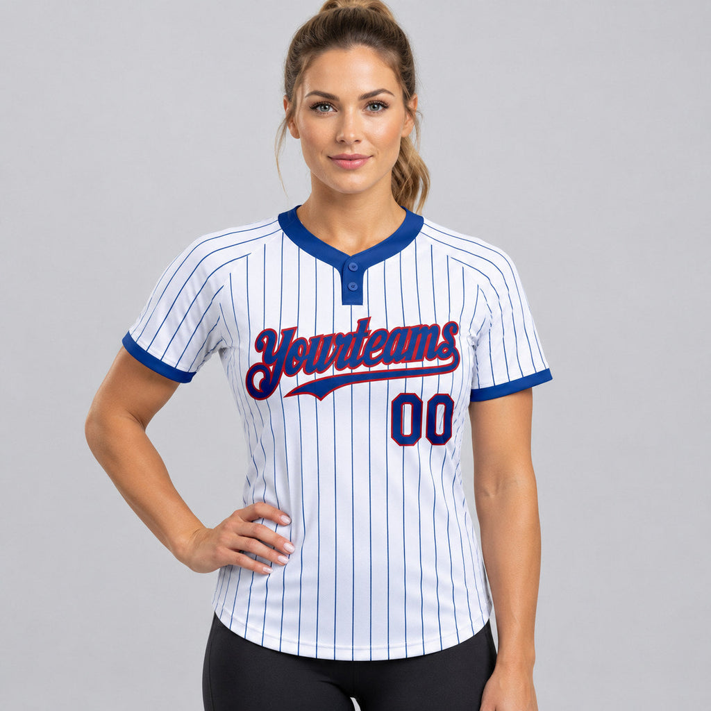 Custom White Two Button Pinstripe Softball Jersey with Royal Lettering Design 0800 worn by female model