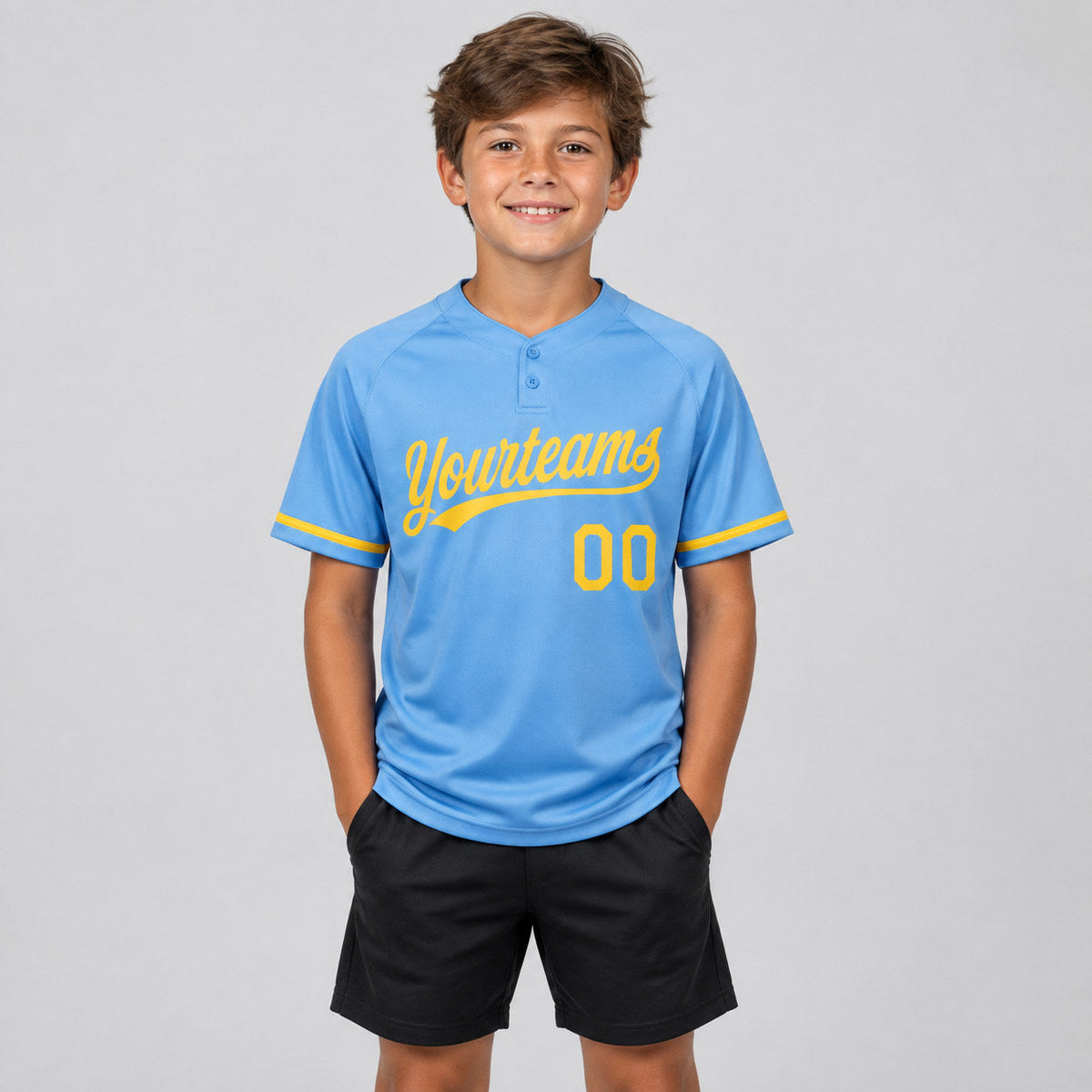 Custom Light Blue Two Button Softball Jersey with Yellow Lettering youth size worn by child model
