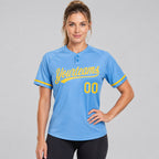 Custom Light Blue Two Button Softball Jersey with Yellow Lettering worn by female model