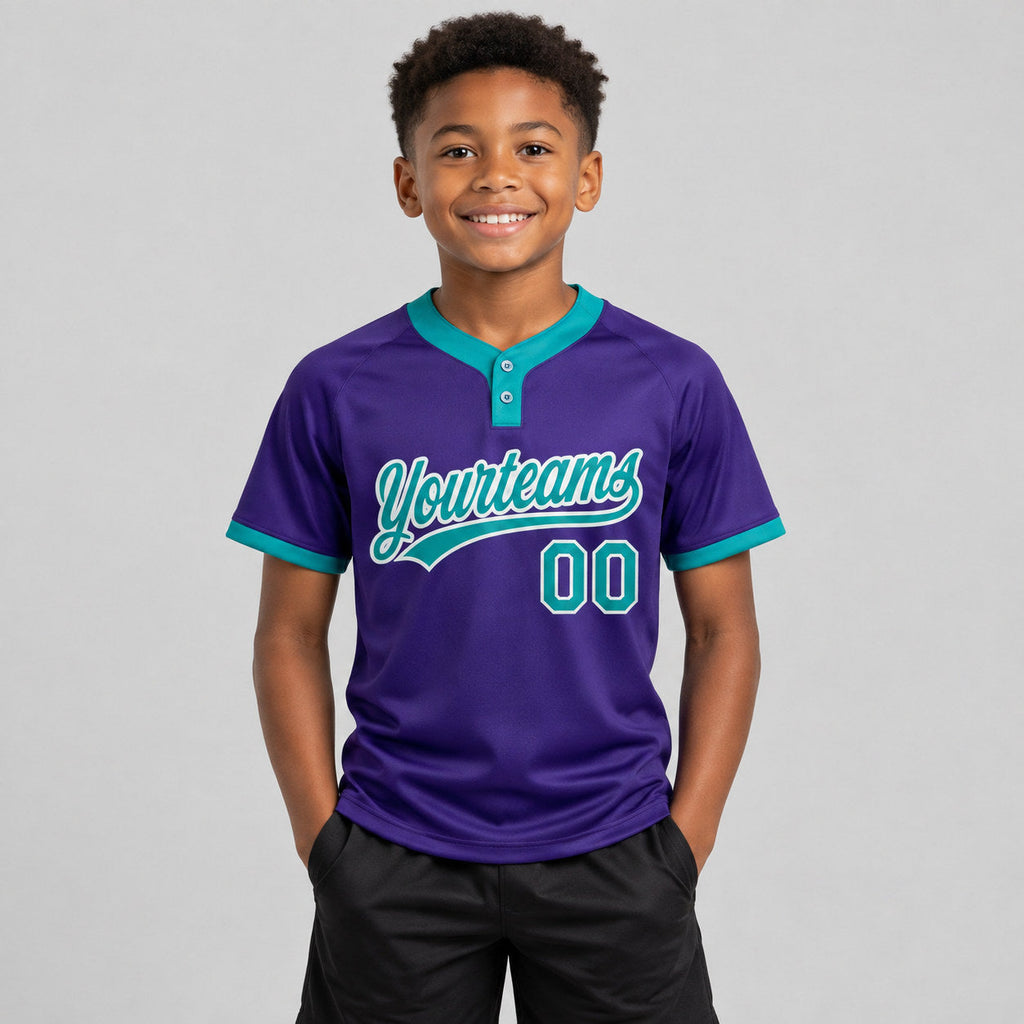 Custom Purple Two Button Softball Jersey with Teal and White Lettering youth size worn by child model