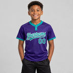 Custom Purple Two Button Softball Jersey with Teal and White Lettering youth size worn by child model